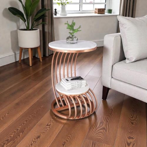 Image of End Table with Decorative Legs, in-Lay Top, Home Decor Accent Furniture -Tier Metal Coffee Table with Open Storage Shelf for Living Room (Rosegold White)