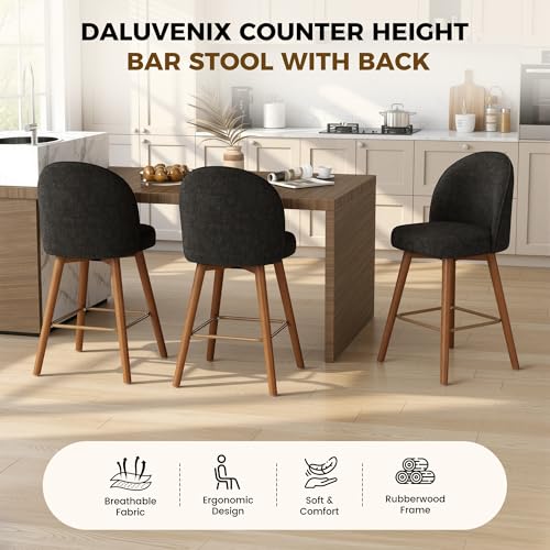 Image of Modern Swivel Bar Stools Set of 2, Chic Upholstered Counter Height(26IN) Bar Chair with Back, Solid Wood Legs and Footrest, Comfortable Chenille Bar Stool for Kitchen Island, Charcoal Black