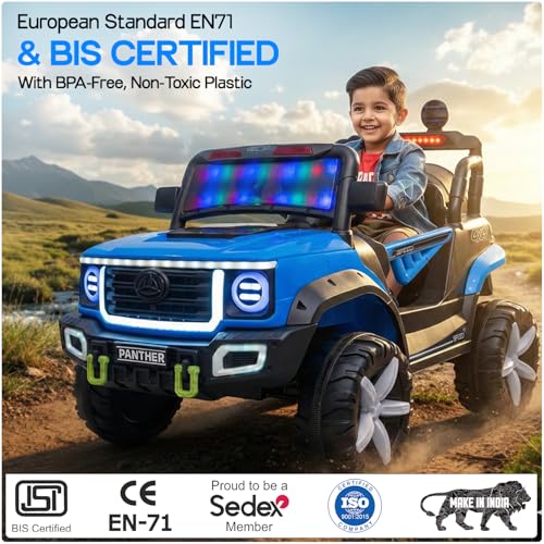 Image of Toyzone Panther Electric Jeep (Blue) | 12V Rechargeable Ride on with 5Ah Battery | Music Player with BT, USB & AUX | Smooth Acceleration | 6M Battery Warranty | Age 3-10 Years, Upto 50 kg
