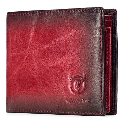 BULLCAPTAIN RFID Wallets for Men Slim Bifold Genuine Leather Front Pocket Wallet with 2 ID Windows QB-05 (Red)