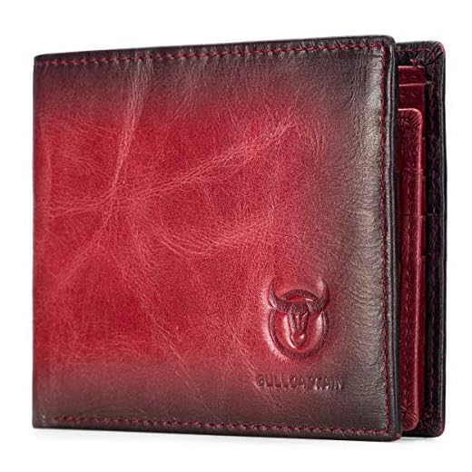 Carteiras masculinas BULLCAPTAIN com janela dupla para documento de identificação, finas, dobráveis, vintage, de couro legítimo, bolso frontal, QB-05#3, Vermelho, Small
