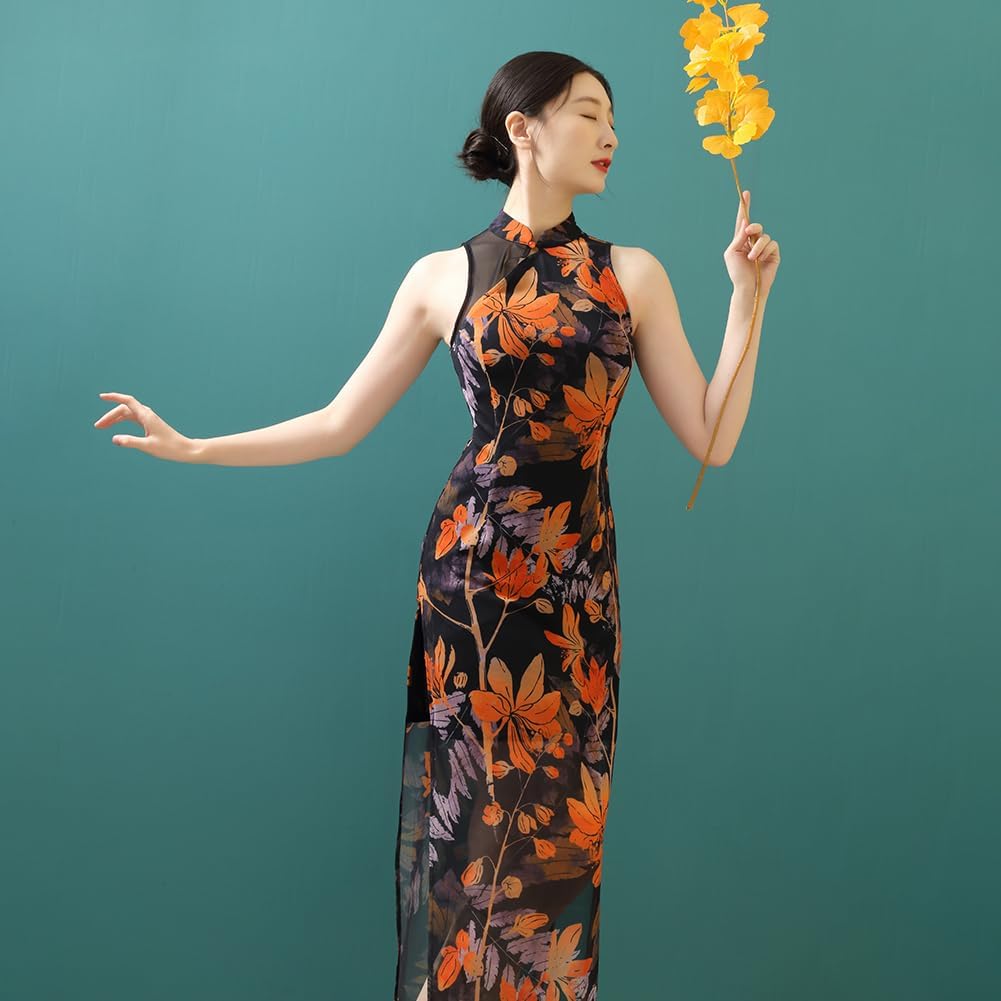Chinese Qipao Dress for Women Cheongsam Dress Mandarin Collar Chinese Dresses Traditional Clothes Non Sleeve Printed Black
