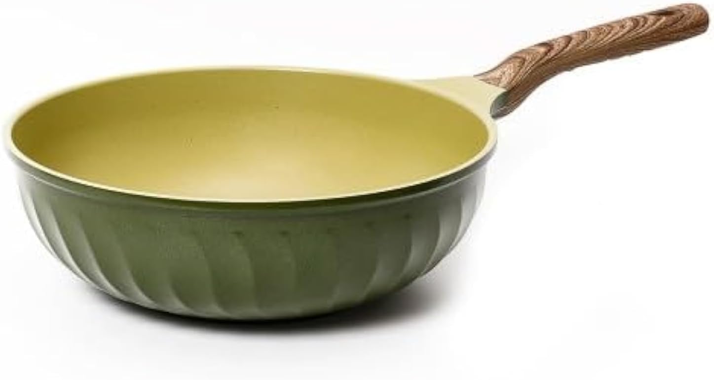 FOUR SEASONS Olive Green Wood Wok Pan 26cm, Suitable for induction & all stoves, Ultra Non-stick with added Durability, 100% Safe PFOA Free, Super Megastone Coating, Made in Korea