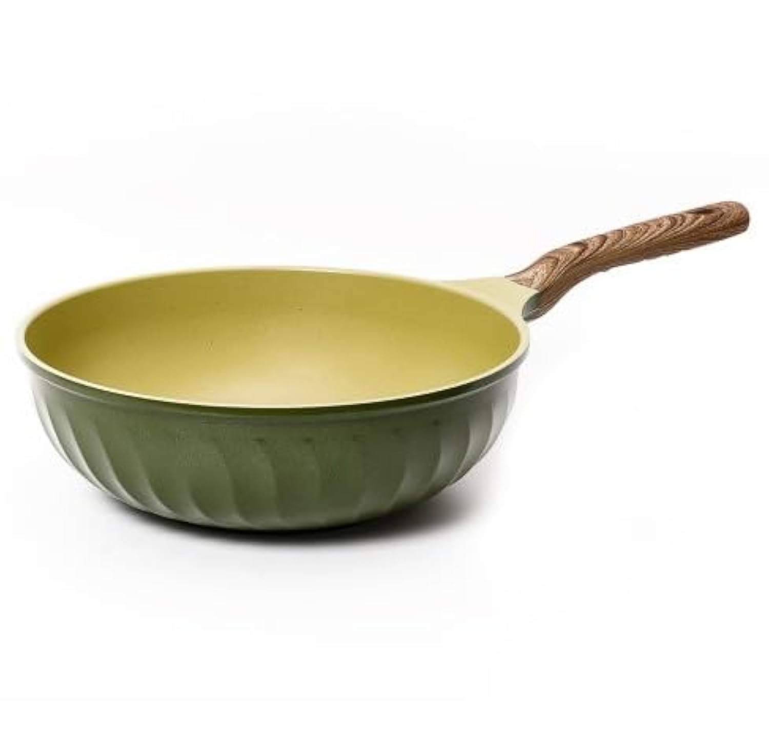 ILJIN COOKWAREFOUR SEASONS Olive Green Wood Wok Pan 26cm, Suitable for induction & all stoves, Ultra Non-stick with added Durability, 100% Safe PFOA Free, Super Megastone Coating, Made in Korea