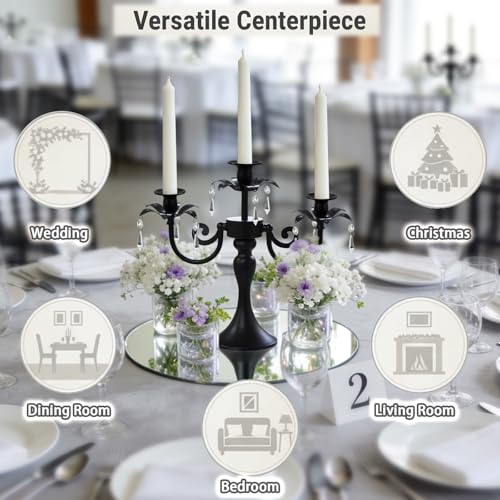 Image of Metal 3 Arm Candelabra with Crystal Pendants - 11.8 Inch Tall Candle Holders, Set of 6 - Elegant Taper Candlestick Stand for Wedding, Dining Table, Christmas Party Home Decoration (Black)