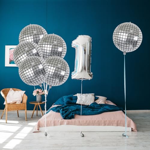 Image of 6-Pack 22 Inch Silver 4D Disco Ball Balloons - Decorations for 90s Dancing Queen Party