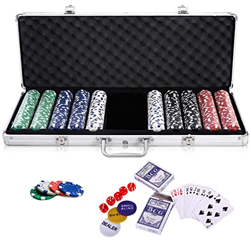 RELAX4LIFE Juego de póquer con maleta, juego completo con 500 fichas, 2 barajas de cartas, 5 dados, 3 peones, 1 alfombrilla de juego y 1 funda de aluminio (plateado)