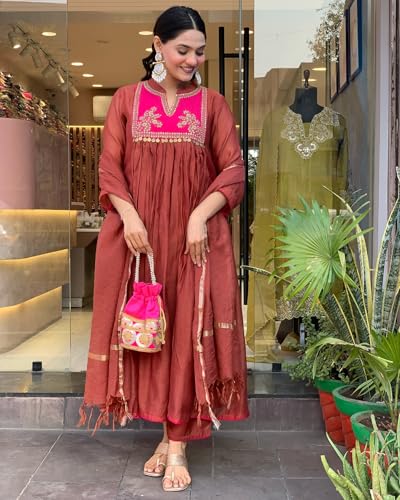 Image of GoSriKi Women's Rayon Viscose Embroidered Anarkali Kurta with Pant & Dupatta
