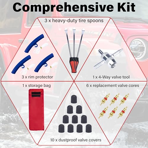 Image of ecocstm 12.2 Inch Tire Spoons, Dirt Bike Tire Changing Tools, Tire Changing Kit, Tire Removal Tool, with Rim Protector, Valve Tool, Valve Cores and Caps, for Motorcycle /Lawn Mower /Tractor /Bicycle