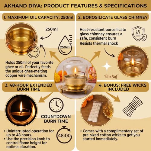 Image of Ein Sof Akhand Diya with Adjustable Bati for Pooja (5 inches), Large Size Brass Diyas with Wick Lifting Screw Lever & Borosilicate Glass Cover for Home Decoration, Puja & Gifting (250ml, 48 Hour)