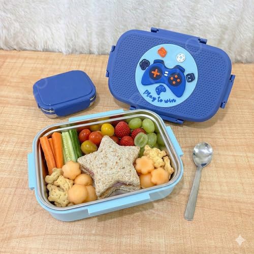 Image of PLUSPOINT Big Steel Lunch Box | Stainless Steel Lunch Box with Inner Separate Veg Box | Leak Proof and Break Resistant | Tiffin for Kids, Adults with Snap Lock | Ideal for Office, School, College