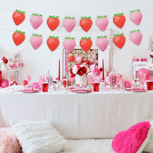 Image of 4-Strand Strawberry Banner - Pink and Red Strawberry Garland for Berry Birthday, Picnic Party, Baby Shower, and Summer Fruit Theme Decor