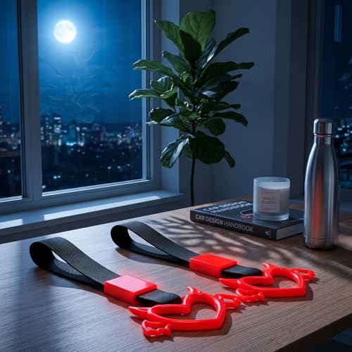 Image of 2 Pcs Devil Heart Shaped Car Handle Strap - JD M Drift Charm Rear Bumper Warning Ring Decor for Car Interior Exterior, Subway Bus Handle Accessory, Cute Heart Car Decor Gift (Luminous Red-Wing)