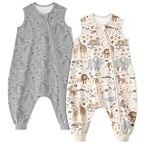 Unnivoll Baby Schlafsack mit Füßen 1,0 Tog Schlafsack Baby Sommer 2er Pack Baumwolle Schlafsack mit Beinen Babyschlafsack Weich 80 cm für Jungen Mädchen Aprikose & Grauer Elefant