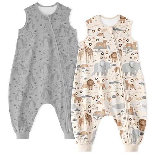 Unnivoll Baby Schlafsack mit Füßen 1,0 Tog Schlafsack Baby Sommer 2er Pack Baumwolle Schlafsack mit Beinen Babyschlafsack Weich 80 cm für Jungen Mädchen Aprikose & Grauer Elefant