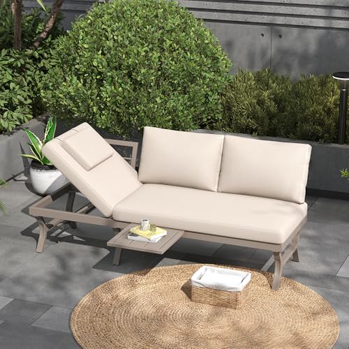Canapé de jardin 3 places inclinable beige avec table basse réglable