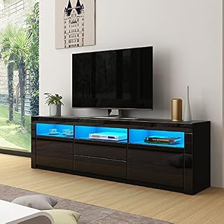 Senvoziii TV Cabinet, Black Gloss TV Stand Unit with Led Lights, Modern TV Stand Storage with 2 Drawers 2 Doors, TV Entertainment Unit for Living Room Furniture Decor, 160x35x60cm