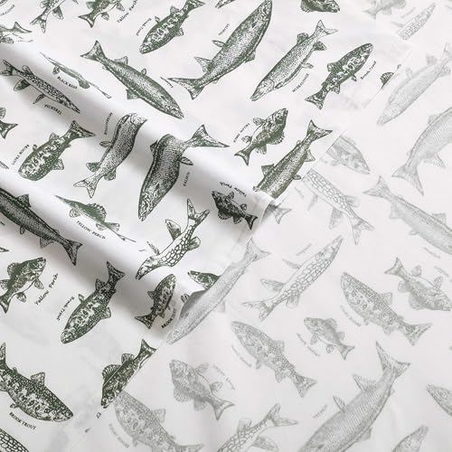 Image of Eddie Bauer - Full Sheet Set with Fitted Sheet & Pillowcases, 100% Cotton Percale Bedding, Crisp & Cool, Dorm Room Essentials, Wes Fish Green