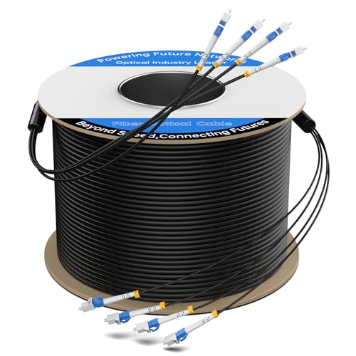 Image of 150M /492FT Outdoor Armored LC to LC Fiber Optic Cable, 4 Core OS2 Single Mode 9 /125μm, Industrial TPU Jacket, OD 5mm, 4 Strands, SMF, Direct Burial, Heavy-Duty LC-LC Patch Cord for Harsh Environments