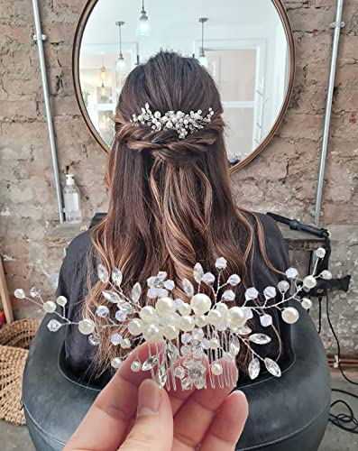 Wedding Hair Accessories for Women,Clysburtuony Bridal Flower Side Hair Clips Pearl Bridal Headpiece Wedding Hair Pins (White Combs) - Image 2