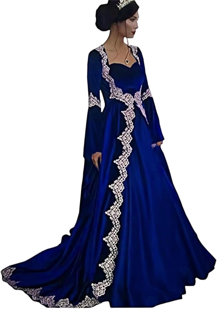 Dydsz Medieval Elegant Evening Dresses for Women Long Sleeves Velvet Formal Party Dress Lace Masquerade Ball Gown