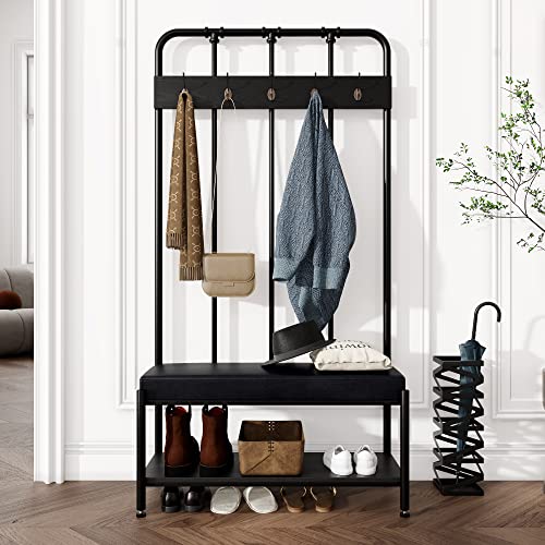 Allewie Coat Rack Shoe Bench, 76" Freestanding Hall Tree, Entryway Bench With Storage Shelves, Upholstered Sponge-Padded Seat, Organized With 5 Hooks, Industrial Accent Furniture, Easy Assembly, Black #TOP2