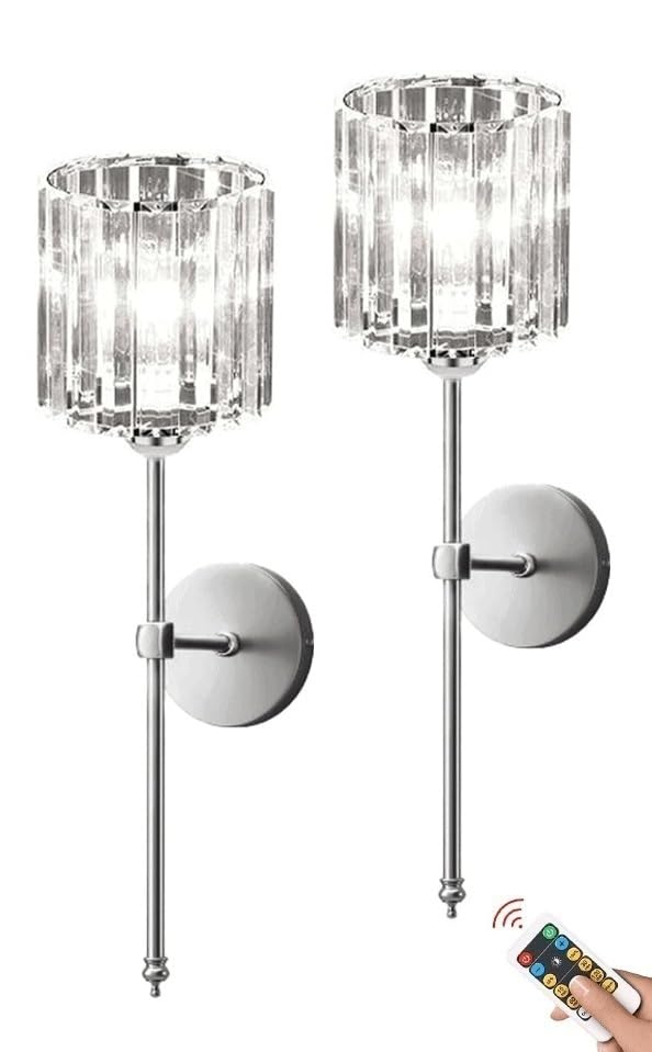 OEUBEQ Modern Cordless Crystal Glass Wall Sconce Battery Operated Wall Lights Set of 2, Non Hardwired Remote Chrome Wall Sconces, USB Rechargeable Silver Wall Lamp for Living Room Bathroo