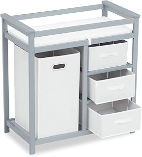 FIZZEEY Changing Table - Baby Changing Table, Diaper Changing Table, Changing Table Station Dresser with Laundry Hamper, 3 Drawer Basket and Changing Pad, Grey