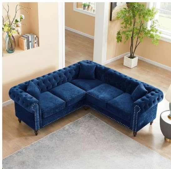 Image of Wooden 5 Seater Sofa Set Solid Wood Sectional L Shape Sofa Couch | Blue Fabric Corner Sofa Furniture for Living Room, Home, Office
