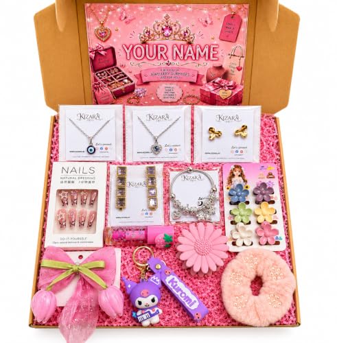 Image of Customized Name Jewellery Gift Hamper for Girls & Women | 12 Premium Items Gift Box, 2 Necklaces, Pandora Bracelet, Earrings, Nail Art, Hair Accessories, Premium Keychain