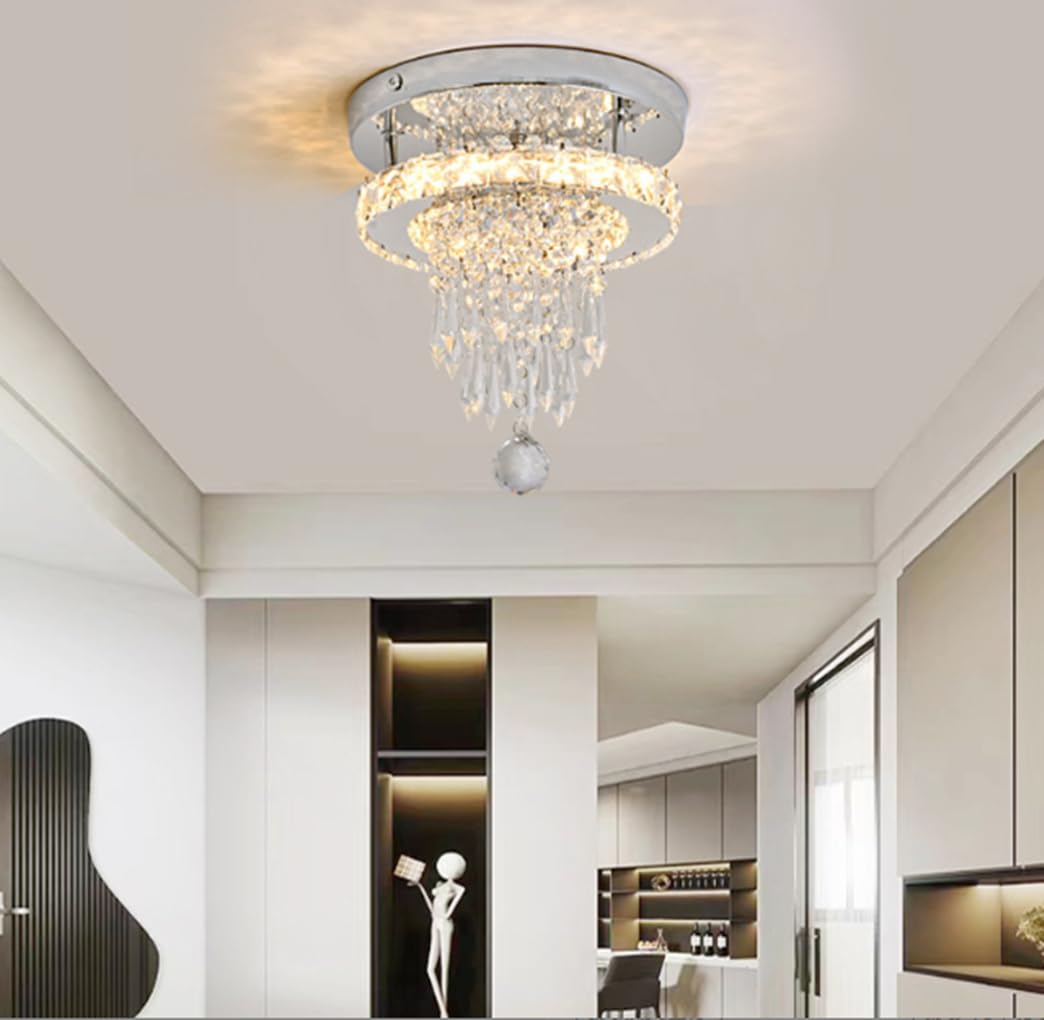 Lampada da soffitto LED rotonda in Cristallo Acciaio Inox e Cristallo K9, 3 colori regolabili, 25 * 27.5cm, Illuminazione di lusso per Corridoio, Atrio, Balcone, Ingresso