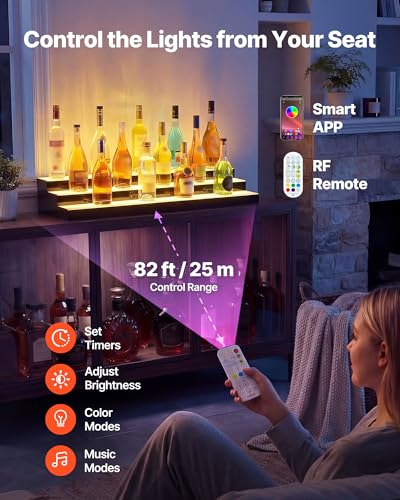 Image of VEVOR LED Lighted Liquor Bottle Display, 3 Tiers 40 inches, Acrylic Illuminated Home Bar Shelf Display with RF Remote & App Control, DIY Setup with Type-C Cables, 9 Static Colors, for 30-39 Bottles