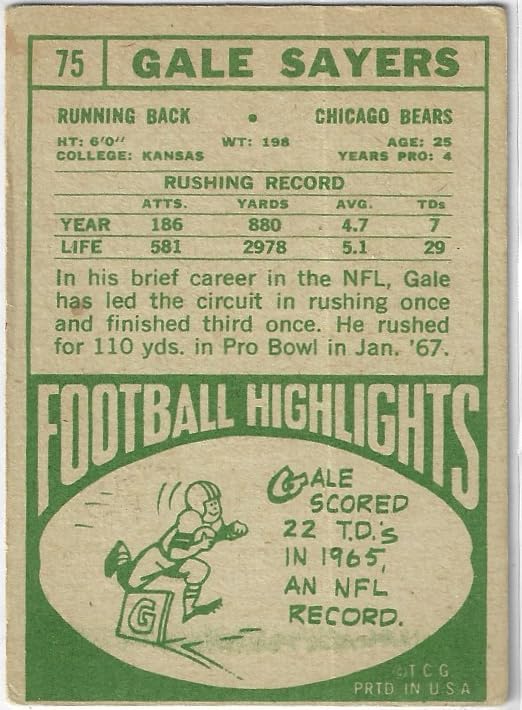 Gayle Sayers Vintage Topps Collectible Football Card - 1968 Topps Football Card #75 (Bears)
