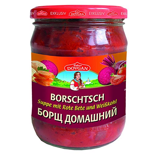 Dovgan Borschtsch 480 g — fertige russische Rote-Bete-Suppe mit Weißkohl, Karotten & Kartoffeln — schnelle Hausmannskost — inkl. Kochbuch & Geschenkkarte