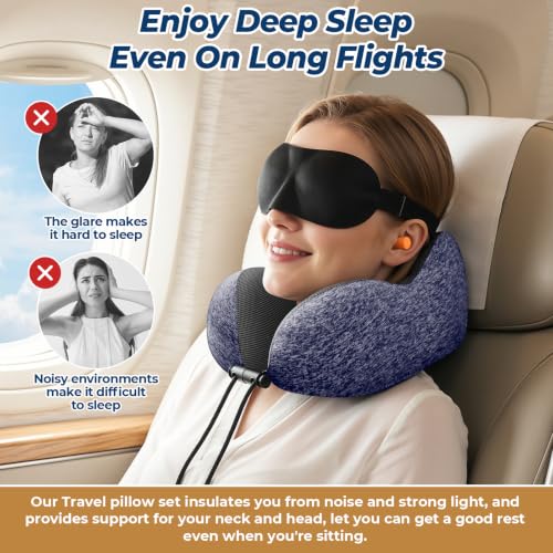 Image of ExploreBliss Travel Pillow, Neck Pillow Airplane, Mottled Blue | Travel Pillows for Airplanes, Neck Pillow Airplane, Memory Foam Neck Pillow Set with Eye Mask, Earplugs