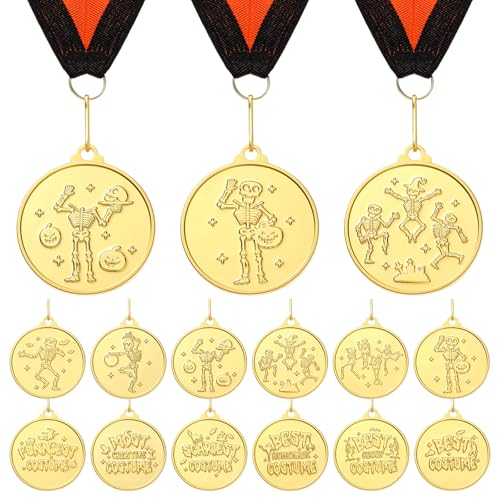 Cunno 6 Pcs Halloween Costume Contest Medals 2 Inch Golden Best Costume Skeleton Medals Contest Prizes Awards Trophy for Halloween Party Supplies (Classic)