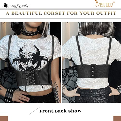 JASGOOD Women Faux Leather Corset Waist Belt Elastic Wide Underbust Corset Lace-up Steampunk Waspie Belt For Halloween3