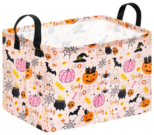 Image of Happy Halloween Ghost Storage Basket Gift Laundry Bins Collapsible Storage Baskets Box Laundry Nursery Hamper for Home Decor and Office Decoration with Handles(Pink Pumpkin)
