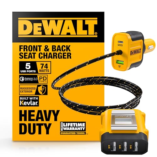 DEWALT Heavy Duty 72W 5 Port USB Car Charger Multiport, iPhone 16 Multi USB Car Charger, Fast Charge PD & QC3.0 Cigarette Lighter Adapter w/ 6FT Cable, Type C Front/Back Charging for Multiple Devices