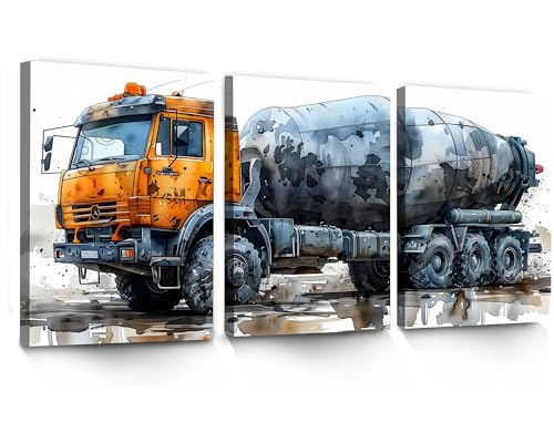 LANZHENZHENART 3Pcs Watercolor Concrete Mixer Wall Art Funny Truck Canvas