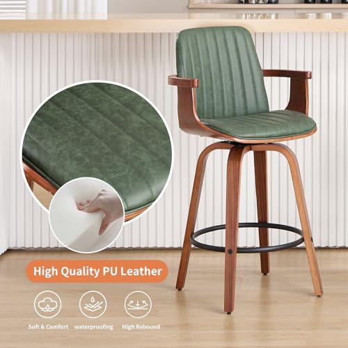 VipDesk Set de 2 Butacos con respaldo alto y brazos giratorios de 26 pulg, sillas de bar modernas con cuero PU para isla de cocina-Verde miniatura 4
