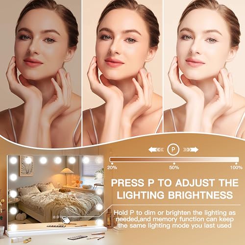 Image of ROLOVE 23 inchx18 inch Hollywood Vanity Mirror with Lights, 15 Dimmable LED Bulbs, led Makeup Mirror with 3 Color Modes, Lighted Vanity Mirror for Tabletop or Wall-Mounted