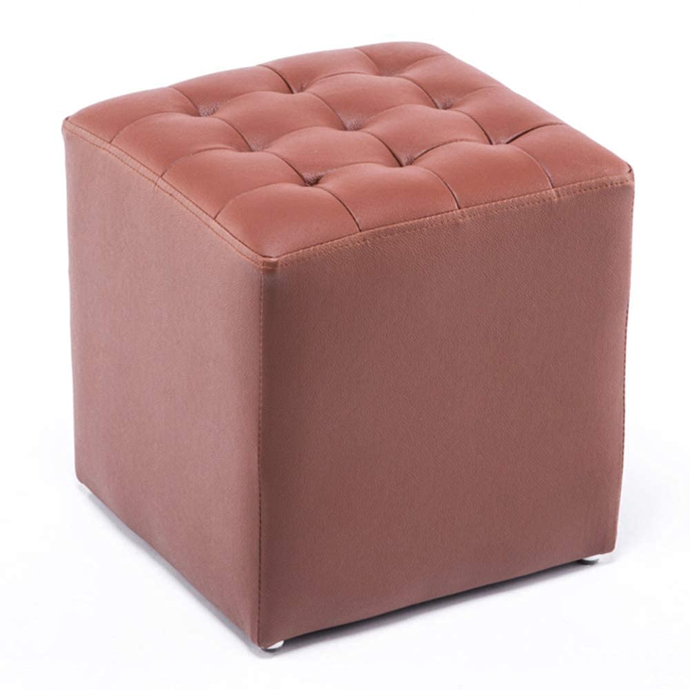 Pouf rembourré en cuir et bois massif pour salon, petit banc élégant de 34x34x35cm