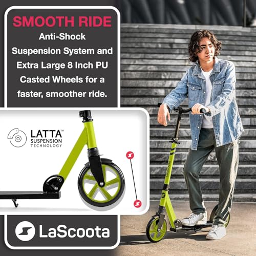 Image of LaScoota Kick Scooter for Kids Ages 6+, Teens & Adults, Large 8 inch Sturdy Urethane Wheels. Adjustable Handlebar, Lightweight, Foldable, 220lbs Max Load