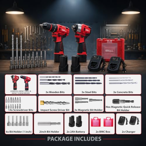 Image of IBELL 12V Brushless Cordless Combo Kit | Impact Screwdriver 185Nm + 40Nm Impact Drill | 2 x 1500mAh Batteries, 2 Chargers & 2 Carry Cases | Professional Drill & Driver Set | 1 Year Warranty