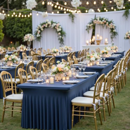 Image of Outpain 6ft Spandex Table Cloth for Standard Folding Tables-4Pack Navy Blue Table Cloth Table Protector for Party, Wedding, Cocktail, Banquet, Festival