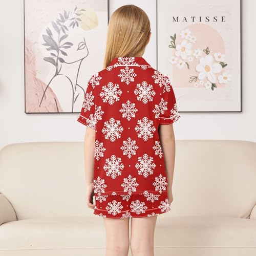 Red Snow Holiday Pattern Summer Satin Pajama Set, Cute Button-Down Sleepwear Pj Set for Sleep Wears4