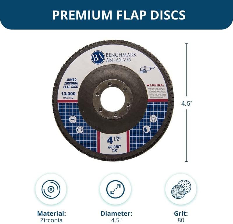 Benchmark Abrasives 4.5" x 7/8" Premium High-Density Jumbo Zirconia Type 27 Flap Discs for Sanding, Stock and Rust Removal, Finishing, Grinding, Deburring (10 Pack) - 80 Grit