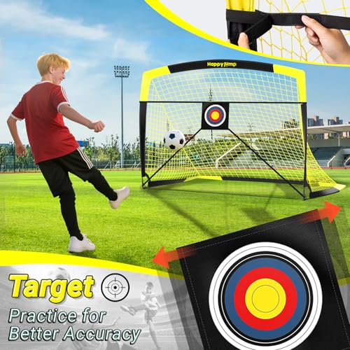 Happy Jump Pop-Up Fußballtore – 213x152 cm, 2 Tore, Schwarz Gelb mit Ball, Pumpe, Hütchen & Zielscheibe | Komplettes Training-Set für Garten & Familie