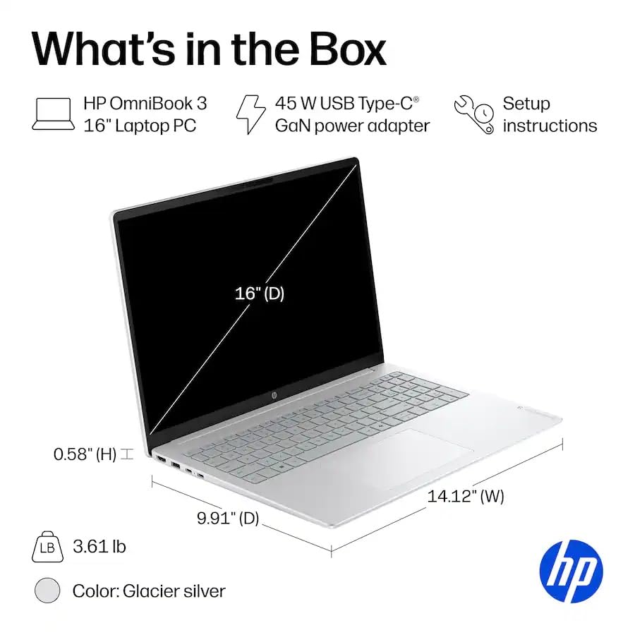 Image of HP OmniBook 3 16 inch Touchscreen Laptop, AMD Ryzen 5 40 Processor, 8 GB LPDDR5 RAM, 1 TB SSD, Windows 11 Pro, Up to 14.25 Hours Battery Life, Fast Charge, Glacier Silver, Accessories